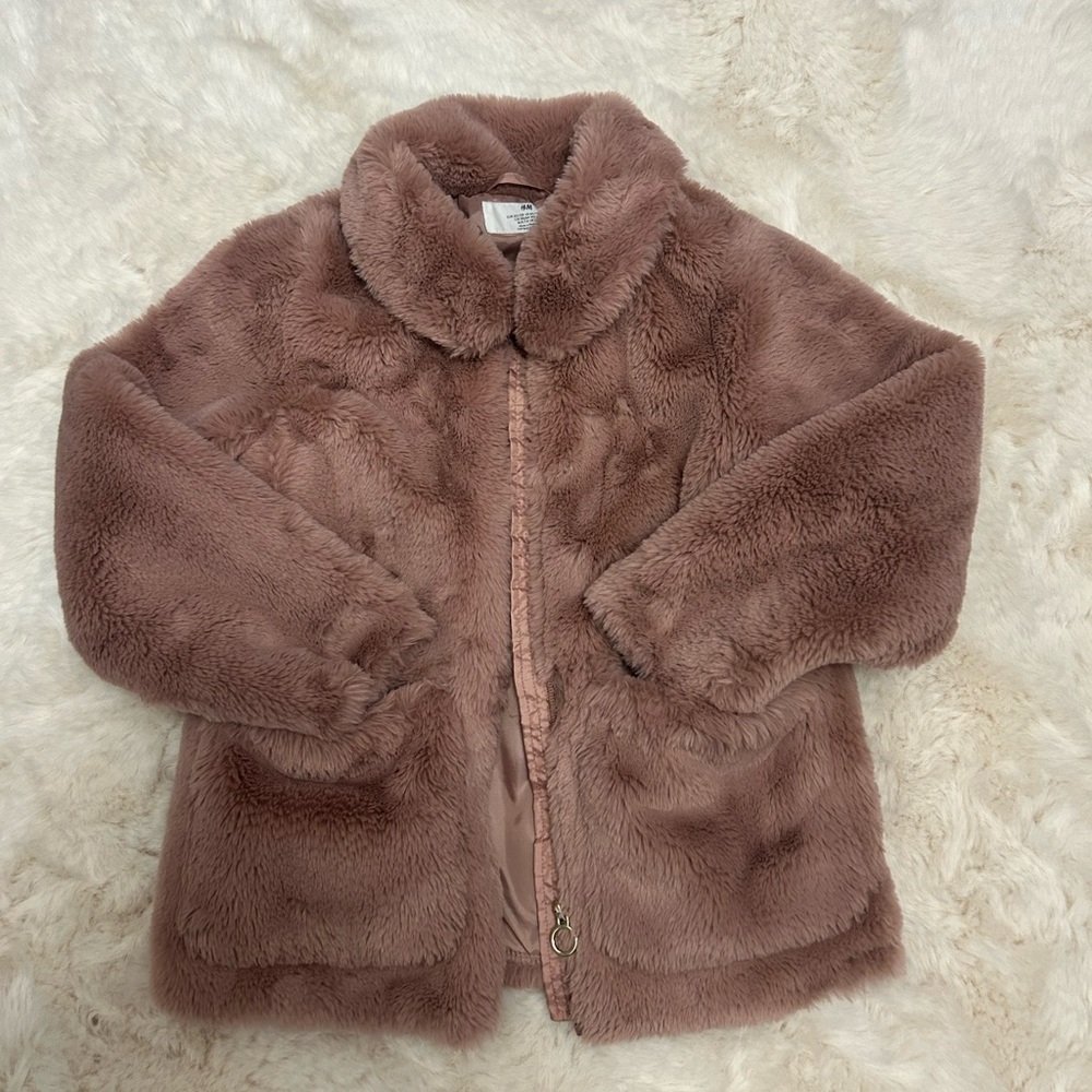 H&M Kids Faux Fur Jacket in Soft Maroon